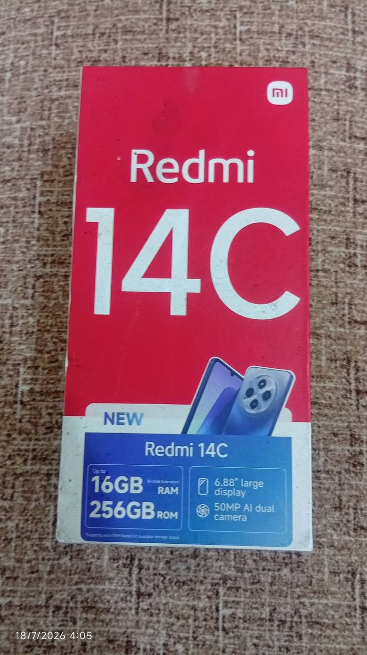 من رخصة الأدمن. 
للبيع Redmi 14C مستعمل استعمال سنة
📱 المواصفات:
النوع: ريدمي Redmi 14C
ذاكرة التخزين: 256GB
الذاكرة العشوائية: 16GB مع توسيع الذاكرة
يدعم بصمة الإصبع وفتح القفل بالوجه
الجهاز ممبدل شاشته وبدون كسر. 
✅ الحالة: مستخدم لمدة سنة.
يعمل بكفاءة ولا توجد مشاكل فنية.
نظيف ومناسب للاستخدام اليومي.
بدون ملحقات. 
السعر 180 وبي مجال حك الجيه. 
للاستفسار واتساب:***********
