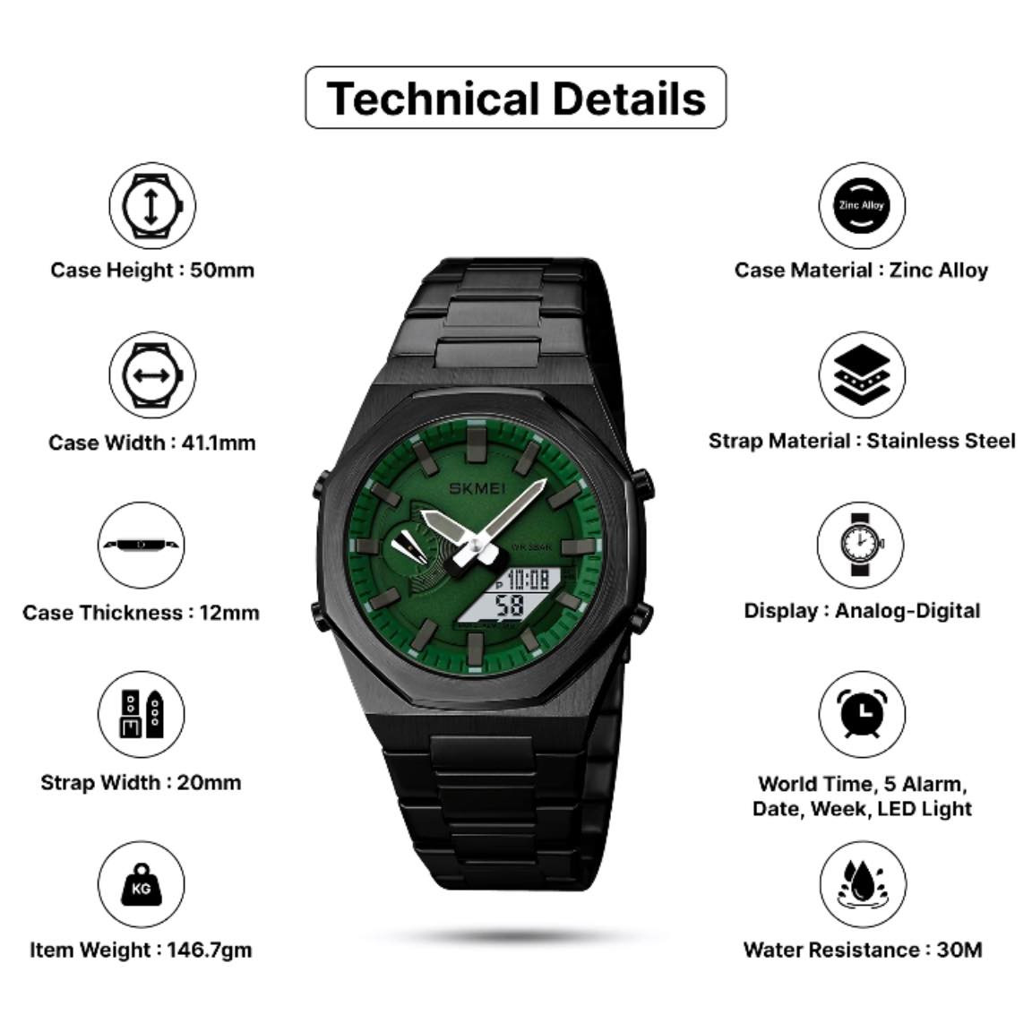 القوة في معصمك.. تمتع بوظائف التوقيت، الإضاءة الليلية، والصلابة الفائقة مع تشكيلة SKMEI الرقمية.  التوازن المثالي بين الدقة التناظرية (العقارب) والذكاء الرقمي في تصميم مثمن أيقوني يخطف الأنظار. سواء كنت في اجتماع عمل أو في نزهة كاجوال، هذه الساعة هي الرفيقة التي تتكيف مع أسلوبك.
لماذا تختار SKMEI 1816؟
🔹 تصميم عصري مستوحى من أفخم الساعات العالمية.
🔹 هيكل متين من سبائك الزنك وسوار فولاذي مقاوم للصدأ.
🔹 مقاومة للماء حتى عمق 30 متر (3Bar).
🔹 شاشة عرض مزدوجة (Digital & Analog).
اضبط وقتك على التميز الآن!… 
***********
