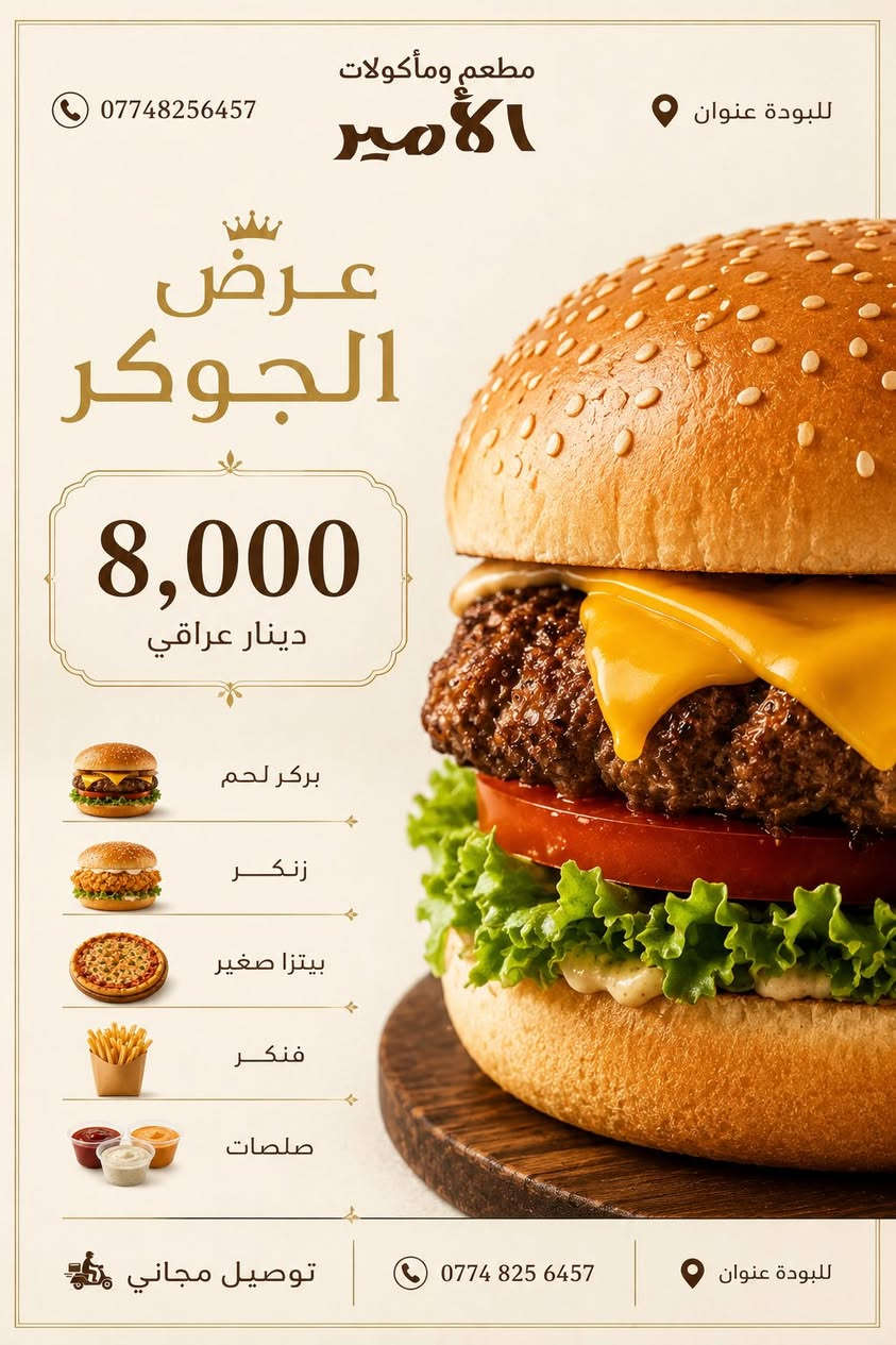 🔥 بركر | بيتزا | كص | ريزو | كنتاكي�📍 الكفائات – يوجود توصيل�🚚 مجاني: الشماعية، الكفائات، السفير�🚚 الأورفلي والعبيدي 1000 دينار�📞 للحجز: ***********
