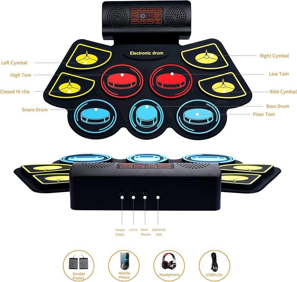 هو مجموعة طبول إلكترونية محمولة وقابلة للطي (Roll-up Drum Set) من طراز Vhffoso.
😎😎😎😎😎😎😎😎😎😎😎

إليك أهم مواصفاته ومميزاته:
لوحة تحكم وتوصيلات: تحتوي على واجهات لدواسات مزدوجة، مدخل صوت، سماعة رأس، واجهة USB/5V/2VMIDI، ومكبرات صوت مزدوجة مدمجة. 
المميزات الصوتية: تتضمن 5 أنواع مختلفة من مجموعات الطبول، و10 إيقاعات فريدة. 
التصميم: وسادة طبول من السيليكون قابلة للطي، وتتميز بوجود طبول متعددة مثل "Bass Drum" و "Snare Drum". 
الطاقة: تعمل ببطارية مدمجة قابلة لإعادة الشحن.
السعر 25 الف  
قطعة جديدة بالباكيت شحن تايب سي


**إذا كنت صاحب هذا الإعلان وتريد حذفه لأي سبب، رجاءا أرسل رسالة إلى الدعم الفني**