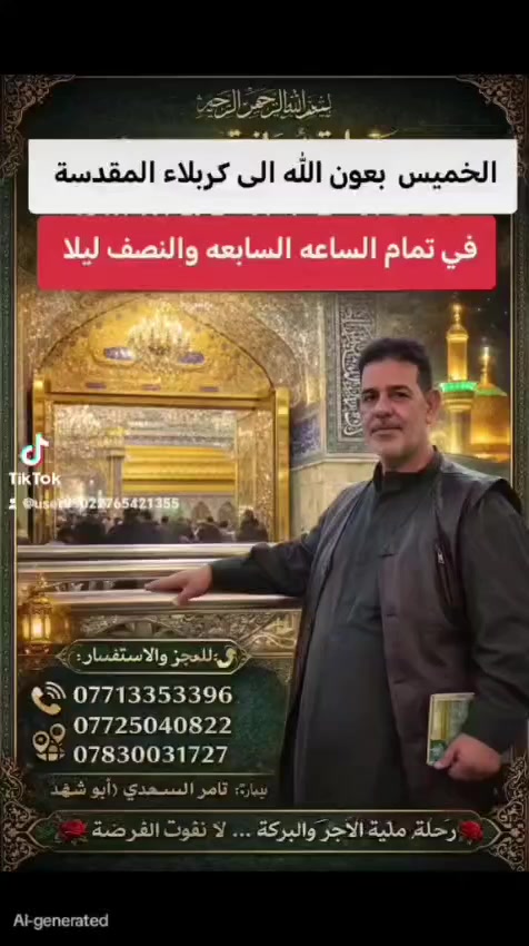 ✨ بسم الله الرحمن الرحيم ✨
🚍 الخميس… رحلة إيمانية إلى كربلاء المقدسة
مع حملة أم البنين الطاهرة (ع)
🕢 الانطلاق: الساعة 7:30 مساءً
📍 من أهالي الهاشمية
🤲 زيارة سيد الشهداء الإمام الحسين (ع)
وأبي الفضل العباس (ع)
والدعاء لكم جميعاً إن شاء الله
📞 للحجز والاستفسار:
***********
***********
***********
👤 بإدارة: ثامر السعدي (أبو شهد)
🌹 رحلة مليئة بالأجر والبركة… لا تفوّت الفرصة 🌹
