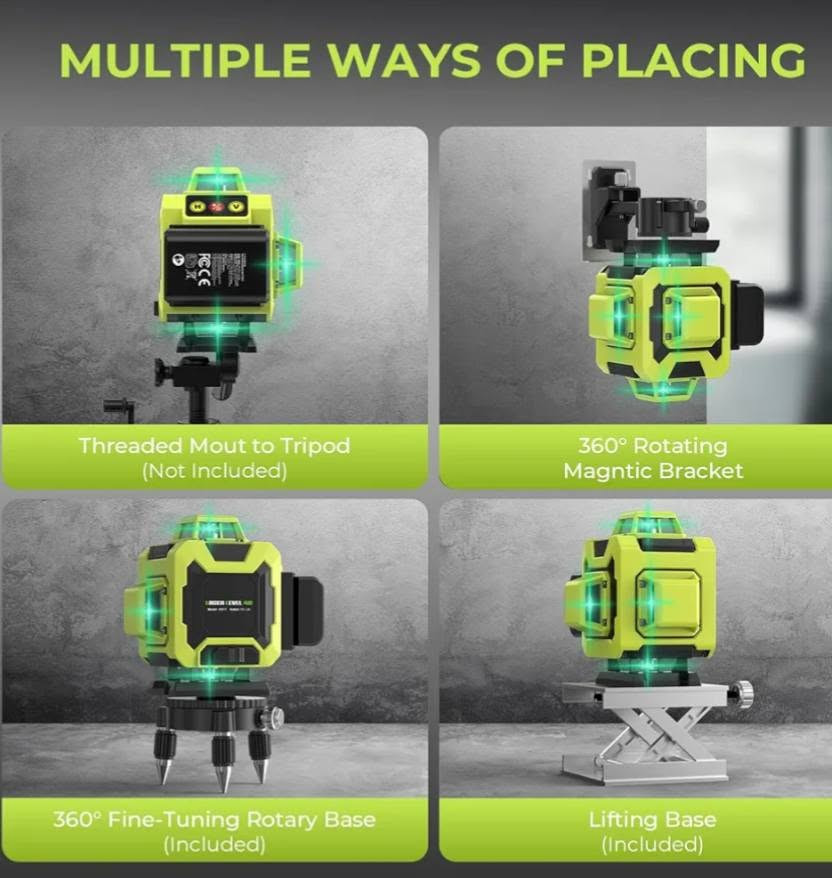 الجهاز هو مستوى ليزر (Laser Level) أخضر رباعي الأبعاد بـ 16 خطاً.يتميز الجهاز بـ تسوية ذاتية (Self-Leveling) ويغطي مساحة 360 درجة أفقياً ورأسياً.يعمل ببطارية ليثيوم قابلة للشحن ويصل نطاق عمله إلى حوالي 20 متراً في القطر.


**إذا كنت صاحب هذا الإعلان وتريد حذفه لأي سبب، رجاءا أرسل رسالة إلى الدعم الفني**
