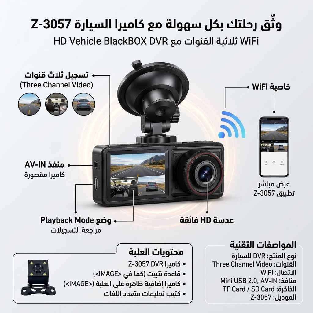السعر 30 الف والتوصيل 5 الف لجميع المحافظات
واتساب ***********

كاميرا سيارة HD Vehicle BlackBOX DVR ثلاثية القنوات مع WiFi

وثّق رحلتك بكل سهولة مع كاميرا السيارة HD Vehicle BlackBOX DVR المصممة للتسجيل داخل وخارج السيارة بثلاث قنوات فيديو، مع دعم WiFi وتشغيل الفيديوهات مباشرة.

• تدعم تسجيل Three Channel Video لعرض أكثر من زاوية

• مزودة بخاصية WiFi

• إمكانية تشغيل الفيديوهات على الكمبيوتر عبر بطاقة TF/SD

• تدعم وضع Playback Mode لمراجعة التسجيلات من الكاميرا مباشرة

• تحتوي على منفذ AV-IN لتوصيل كاميرا المقصورة

• تعمل عبر منفذ Mini USB Power Interface

• نوع المنتج: كاميرا سيارة DVR
• عدد القنوات: Three Channel Video
• الاتصال: WiFi
• منفذ الطاقة: Mini USB 2.0
• منفذ إضافي: AV-IN
• نوع الذاكرة: TF Card / SD Card
• الموديل الظاهر: Z-3057

محتويات العلبة:
• كاميرا السيارة DVR
• قاعدة تثبيت
• كاميرا إضافية ظاهرة على العلبة
• كتيب تعليمات متعدد اللغات بغداد, العراق

