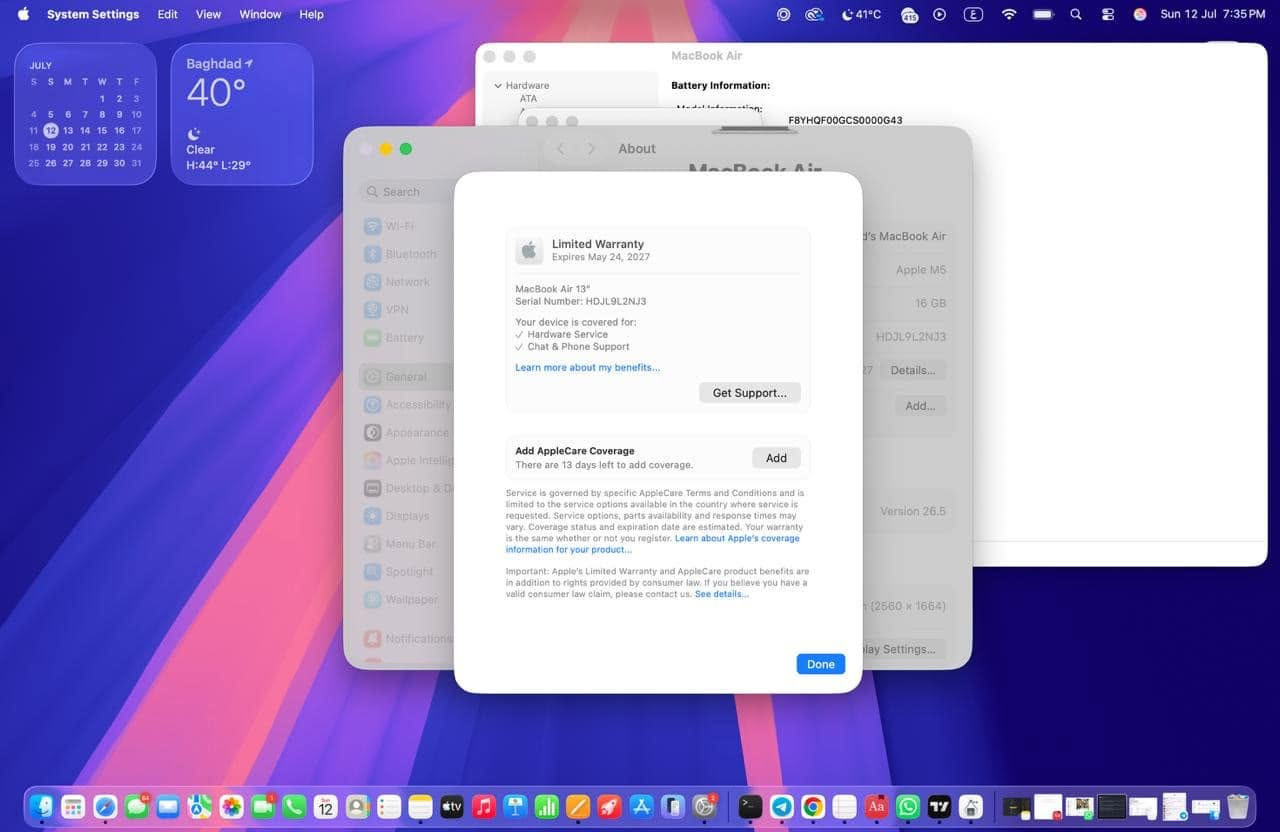 💻 للبيع: ماك بوك إير MacBook Air M5
الجهاز أخو الجديد واستخدامه جداً قليل، مواصفات عالية تفيد الشغل الثقيل والدراسة والتصفح.
⚙️ المواصفات:
• المعالج: M5 الحديث.
• الرام: 16 جيجا.
• الذاكرة: 512 جيجا SSD (سعة وسرعة عالية).
🔋 وضع الجهاز:
• شحن البطارية: مشحون 13 مرة فقط! يعني البطارية 100% والجهاز مستخدم قليل جداً .
• الضمان: الجهاز باقي بيه ضمان رسمي يعني تشتري وأنت مطمن.
• النظافة: زيرو، بدون أي شخوط أو عيوب وبحالة الوكالة.
التواصل على هذا الرقم وشكراً
***********
