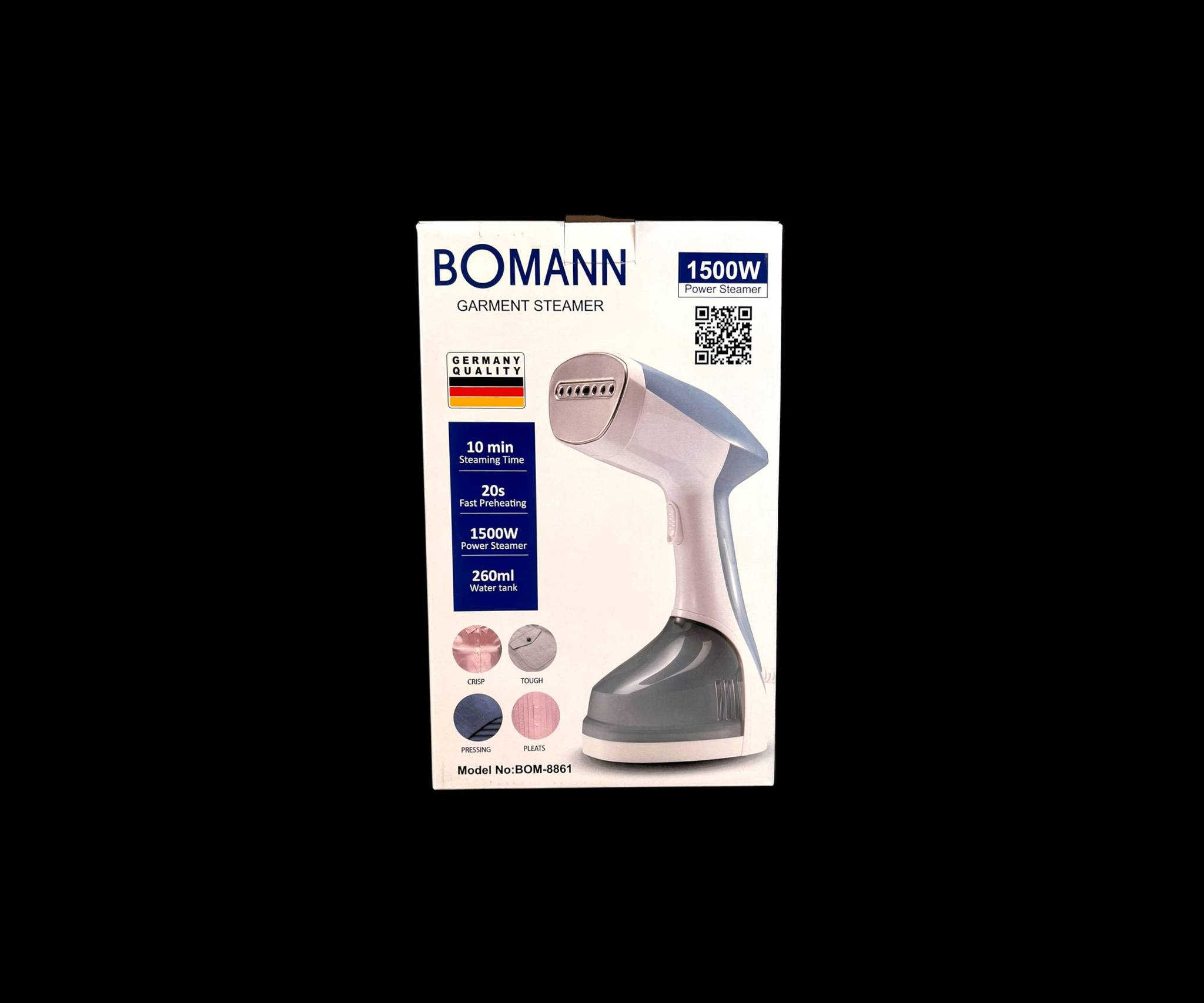 مكواة بخار يدوية بومان 1500 واط – إزالة التجاعيد وتعقيم الأقمشة
الاستخدامات

فرد وكوي الملابس بسرعة بدون طاولة كي.

إزالة التجاعيد من القمصان، الفساتين، البدلات، والعبايات.

إنعاش الأقمشة والستائر وتعقيمها بالبخار.

مناسبة للاستخدام المنزلي اليومي أو أثناء السفر.

مثالية للأقمشة الحساسة التي لا تتحمل المكواة التقليدية.

المميزات

قدرة عالية 1500 واط لتوليد بخار قوي وفعّال.

تسخين سريع خلال 20 ثانية فقط– جاهزة للاستخدام فورًا.

مدة بخار تصل إلى 10 دقائق متواصلة.

سعة خزان المياه 260 مل تكفي لعدة قطع ملابس.

بخار مستمر يساعد على إزالة التجاعيد الصعبة وتعقيم القماش.

تصميم خفيف الوزن ومحمول وسهل الاستخدام بيد واحدة.

مناسبة لمعظم أنواع الأقمشة (CRISP – TOUGH – PRESSING – PLEATS).

تساعد على قتل 99% من البكتيريا وعث الغبار بالبخار الساخن.

جهد تشغيل: 220–240V  50–60Hz.

زر تحكم بالبخار مع قفل أمان.

رأس ستانلس ستيل مع فتحات بخار متعددة لتوزيع متوازن.

محتويات الصندوق

مكواة بخار يدوية بومان.

خزان ماء شفاف قابل للإزالة.

فرشاة بخار للأقمشة السميكة.

دليل الاستخدام.

الملاحظات

تعمل على الكهرباء فقط ولا تدعم البطاريات.

يُفضّل استخدام ماء نظيف أو مقطّر لإطالة عمر الجهاز.

مخصصة للاستخدام العمودي (Vertical Steaming).

لا يُنصح باستخدامها مباشرة على الإكسسوارات المعدنية في الملابس.

للاستخدام المنزلي الداخلي فقط.

الأبعاد

قياس المنتج:

- الطول: 11 سم
- العرض: 14 سم
- الارتفاع: 27.5 سم

قياس الكارتون:

- الطول: 18.5 سم
- العرض: 14 سم
- الارتفاع: 30 سم

طول السلك: 145 سم


**إذا كنت صاحب هذا الإعلان وتريد حذفه لأي سبب، رجاءا أرسل رسالة إلى الدعم الفني**