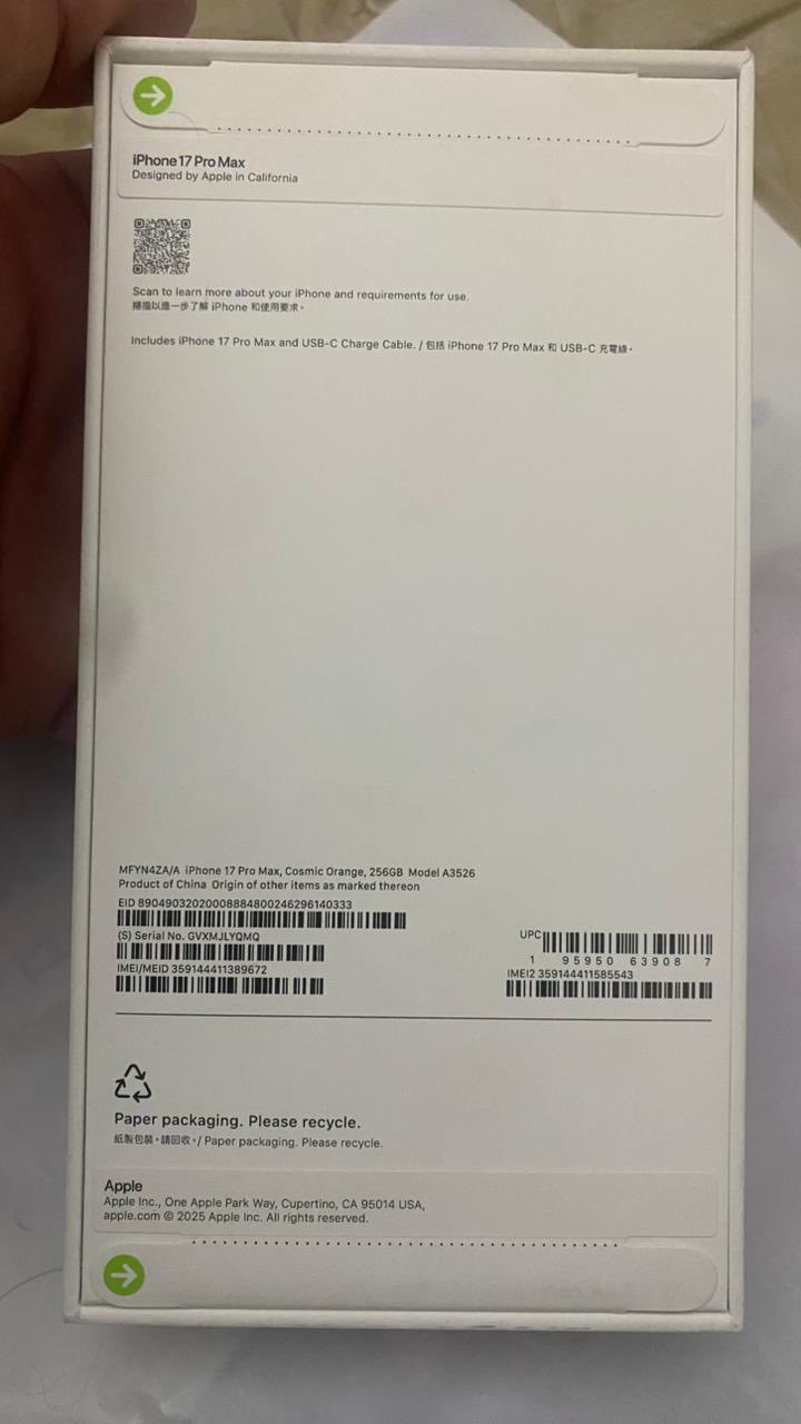 17 برو ماكس ذاكرة 256 لون برتقالي بعده ممفتوح بالباكيت شرق اوسط السعر 2و250 اتصال او واتساب ***********
