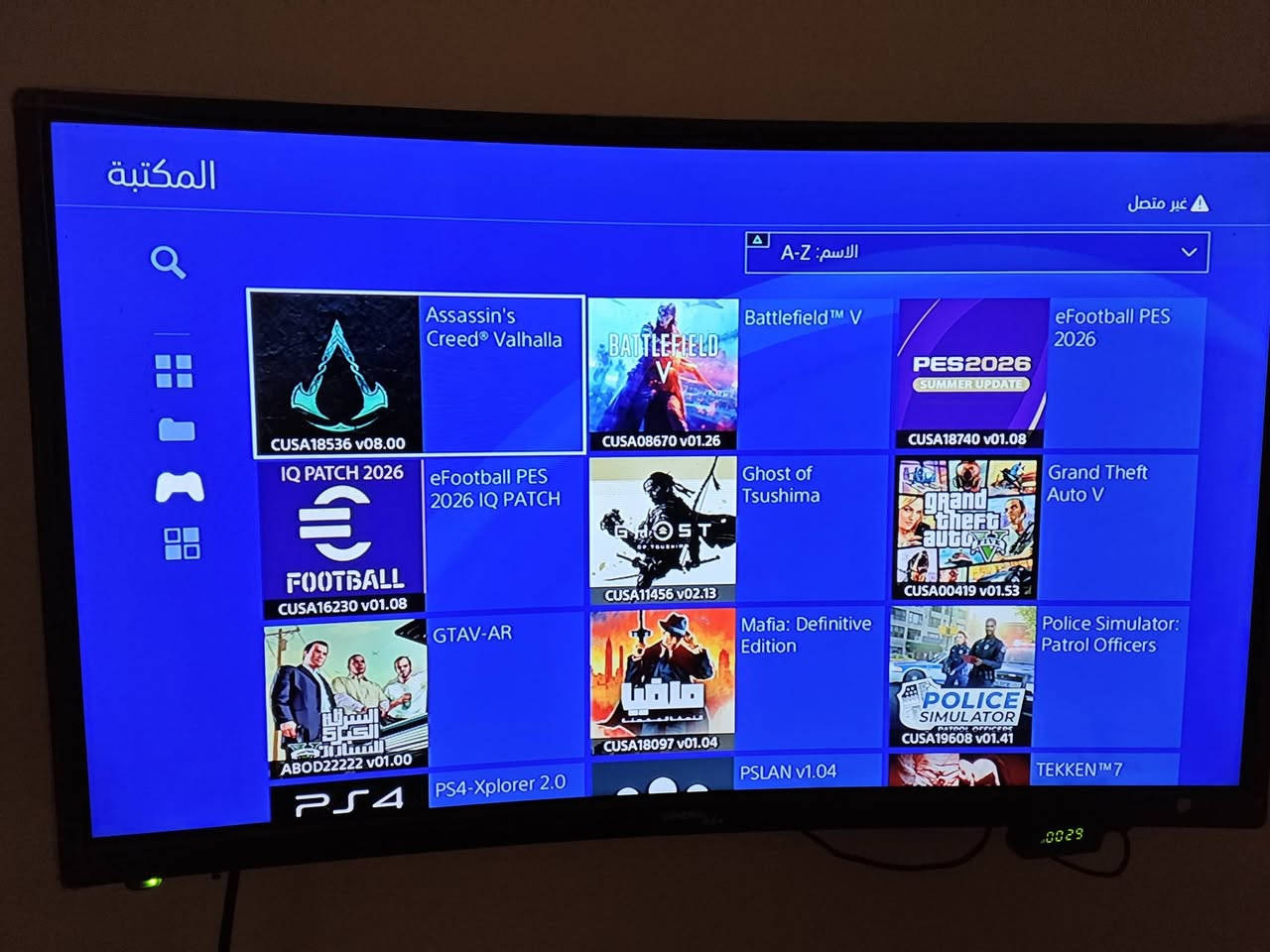 سلام عليكم 
بلي 4 سلم مهكر نظام 12 قرص
ذاكره 500GB
نظيف ممفتوح نهائيا استعمال قليل
كيبلات كامله
2 جوستك 
هارد 500GB
يو بي اس 850 
الألعاب يلي بي 
اساسن كريد فالهالا
باتلفيلد 5
بيس 26
بيس 26 نسخة عراقية 
گوست اوف تسوشيما 
GTA V معربه + مود
Mafia: Definitive Edition 
Police Sim: Patrol Officer 
Tekken 7
The Crew 2
Watch dogs 2
سعر 320
مكاني النجف
*********** واتساب
