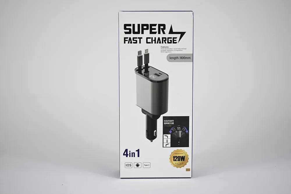 . 
المنتج عبارة عن شاحن سيارة سريع 4 في 1. 
سرعة الشحن: قوة شحن تصل إلى 120 واط. 
المنافذ والكابلات: يحتوي على كابلين مدمجين قابلين للسحب (لنظام iOS و Type-C) بالإضافة إلى منفذين إضافيين. 
طول الكابل: يبلغ طول الكابلات المدمجة 800 ملم. 
تصميم مرن: يتميز برأس قابل للتعديل لتغيير الاتجاه بسهولة.


**إذا كنت صاحب هذا الإعلان وتريد حذفه لأي سبب، رجاءا أرسل رسالة إلى الدعم الفني**
