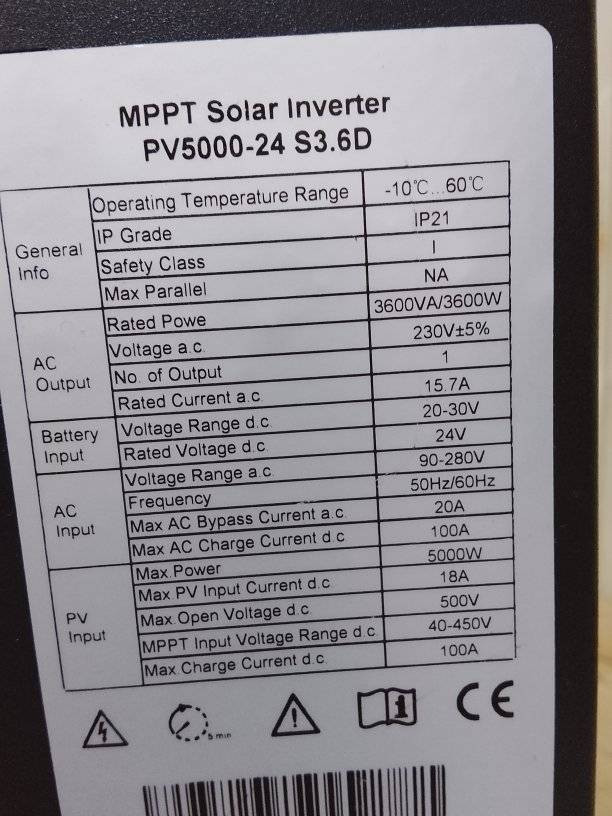 متوفر انفيرتر ٣.٦كيلو
 ٢٤ فولت العمل بين ٢٠و٣٠فولت 
وقدرة استقبال طاقة شمسية من الالواح ٥٠٠٠واط
ويعمل بين ٥٠الى ٤٥٠فوت ديسي 
والسعر ٢١٠الف  
بغداد البلديات ***********
