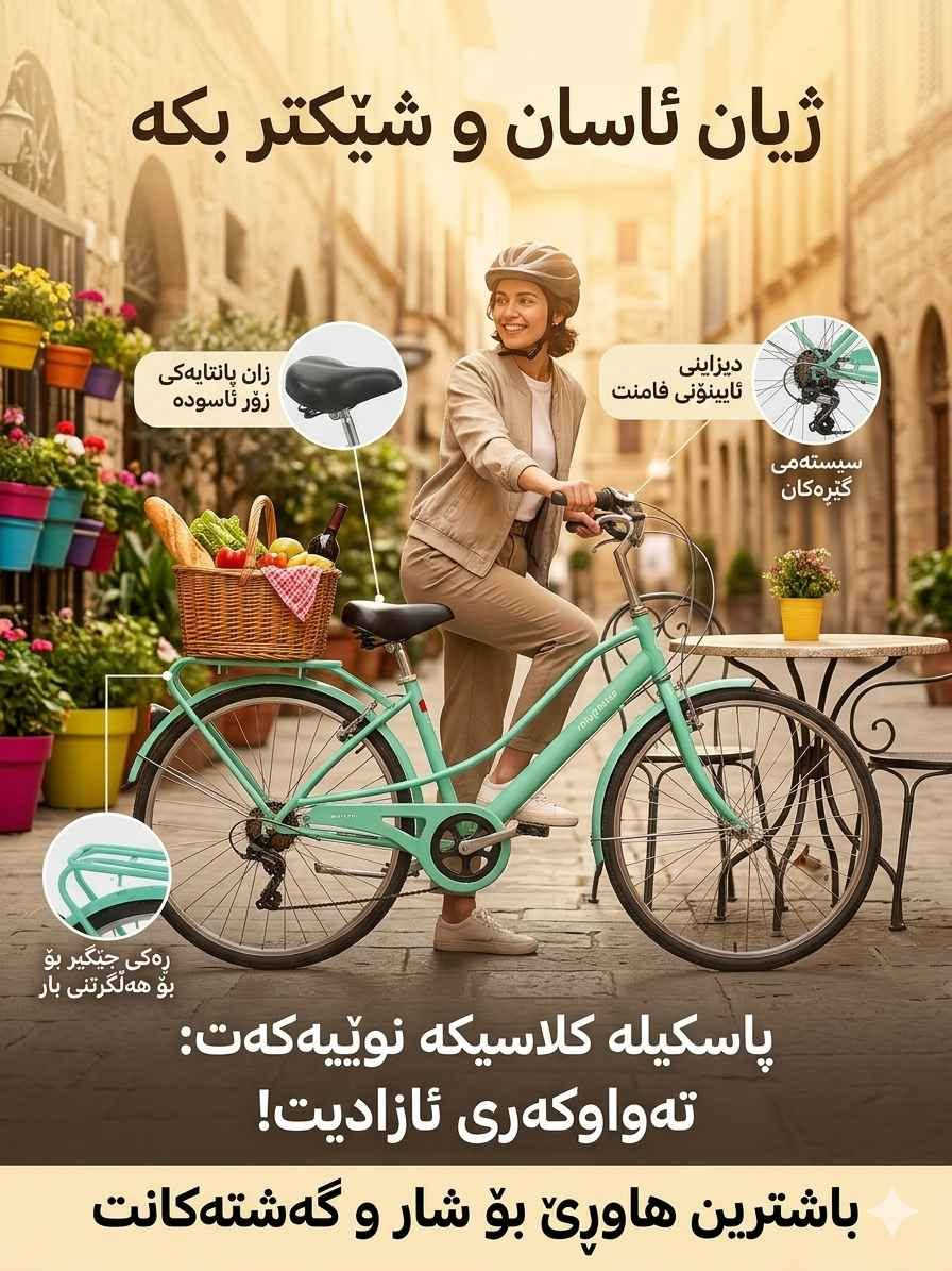 ماندوویت لە قەرەباڵغی شەقامەکان و گەڕان بەدوای شوێنی وەستاندنی ئۆتۆمبێل؟
کاتی ئەوە هاتووە شێوازی گەشتەکانی ناو شارت بگۆڕیت و چێژ لە هەموو ساتێکی ڕێگاکەت وەربگریت!
​ئەم پاسکێلە کلاسیک و ناوازەیە تەنها ئامرازێکی گواستنەوە نییە، بەڵکو هاوڕێی نوێی تەندروستی و شێوازی ژیانی تۆیە.
​✨ بۆچی ئەم پاسکیلە هەڵبژێریت؟
​ڕەنگێکی تایبەت و سەرنجڕاکێش: ڕەنگی سەوزی مینی (Mint Green) کە هێمنییەکی تایبەت و ستایلێکی کلاسیکی مۆدێرنت پێدەبەخشێت لە کاتی لێخوڕیندا.
​سیستەمی گێڕی پێشکەوتوو: بە ئاسانی و بێ ماندووبوون بەسەر هەوراز و ڕێگا جیاوازەکاندا سەرکەوە.
​دیزاینی ئۆرگۆنۆمی و ئاسوودە: خاوەنی کوشنی (زین) نەرم و پانە بۆ ئەوەی لە گەشتە درێژەکانیشدا هەست بە ماندووبوون نەکەیت.
​بەکارهێنانی فرە ڕەهەند: خاوەنی ڕەفەی دواوەی بەهێزە بۆ هەڵگرتنی جانتا، کەلوپەلی ڕۆژانە، یان تەنانەت سەبەتەیەکی پیاسەی هاوینە.
​گڵۆپی پێشەوە: بۆ ڕووناککردنەوەی ڕێگاکەت لە کاتی پیاسە و گەشتە شەوانەییەکاندا.
​🎯 پاسکیلە کلاسیکە نوێیەکەت: تەواکەری ئازادیت!
گونجاوە بۆ کچان و کوڕان، بۆ زانکۆ، بازاڕکردن، یان تەنها وەرزش و پیاسە لەناو سروشتدا.
​📞 بۆ کڕین و زانیاری زیاتر: ***********
​نرخ: 85
​شوێن: هەولێر _ ڕۆشنبیری أربيل, العراق
