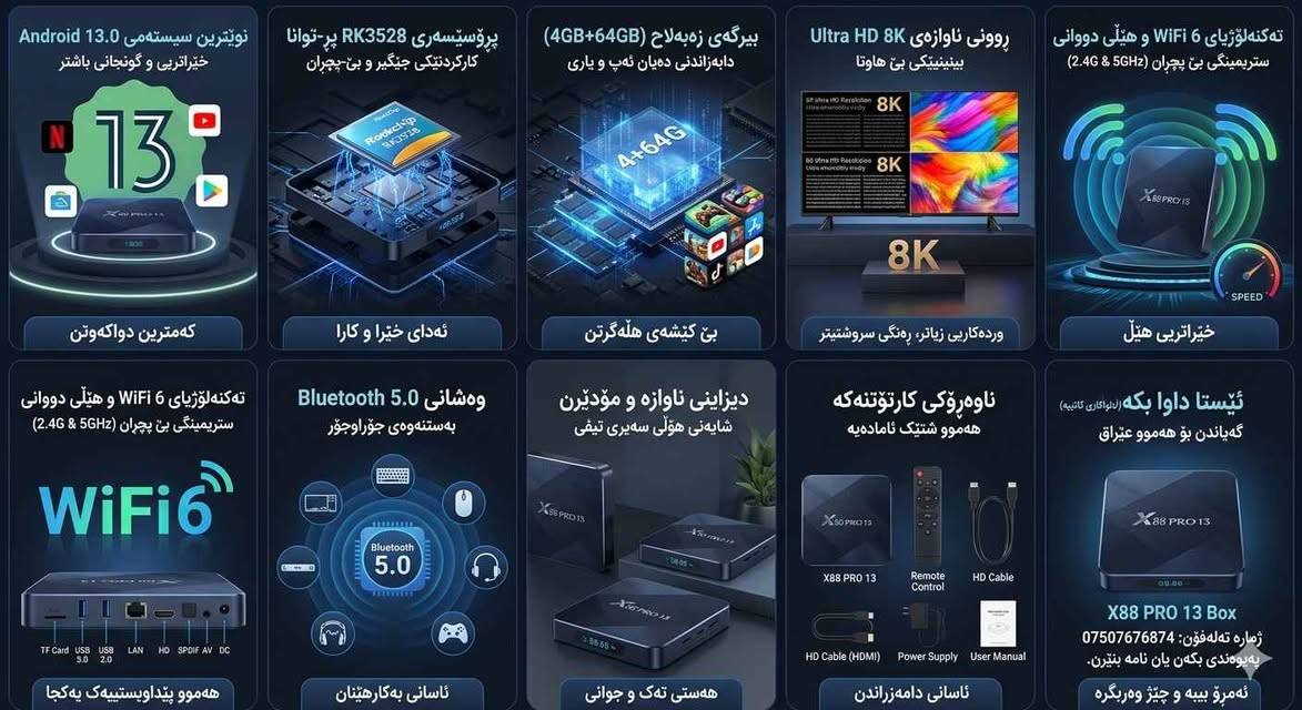 🚀 گرنگترین تایبەتمەندییەکانی ئامێرەکە:
​سیستەمی کارپێکردن: نوێترین و خێراترین سیستەم Android 13.0 کە کەمترین دواکەوتن (Latency) و زۆرترین گونجانی لەگەڵ ئەپەکاندا هەیە.
​پڕۆسێسەر (CPU): بەکارهێنانی چیپی بەهێزی RK3528 بۆ کارکردنێکی جێگیر و خێرا.
​ڕام و بیرگە: خاوەنی 4GB RAM و بیرگەی فراوانی 64GB ROM بۆ دابەزاندنی دەیان ئەپ و یاری بەبێ کێشە.
​کوالیتی وێنە: پشتگیری ڕوونی ناوازەی Ultra HD 8K لەگەڵ تەکنەلۆژیای HDR 10 بۆ پیشاندانی ڕەنگەکان بە سروشتیترین شێوە.
​هێڵی ئینتەرنێت: پشتگیری نوێترین تەکنەلۆژیای WiFi 6 و هێڵی دووانی (Dual WiFi 2.4G & 5GHz) دەکات بۆ خێراییەکی بێوێنە لە ستریمینگ.
​بلاتۆس: وەشانی Bluetooth 5.0 بۆ بەستنەوەی کیبۆرد، ماوس، هێدفۆن، و گەیمپاد (دەسکی یاری).
​📦 ناوەڕۆکی کارتۆنەکە (Packing List):
​ئامێری TV BOX X88 PRO 13
​کۆنترۆڵ (Remote Control)
​کێبڵی HD Cable (HDMI)
​وایەری کارەبا (Power Supply)
​نامیلکەی ڕێنمایی (User Manual)
​🔌 دەرچەکانی ئامێرەکە (Ports):
​دەرچەی USB 3.0 (خێرا بۆ گواستنەوەی داتا) و دەرچەی USB 2.0
​دەرچەی LAN بۆ بەستنەوەی ڕاستەوخۆی کێبڵی ئینتەرنێت
​دەرچەی TF Card بۆ زیادکردنی میمۆری
​دەرچەی دەنگی SPDIF و دەرچەی AV بۆ شاشە کۆنەکان
​🚚 گەیاندن و داواکردن:
​گەیاندنمان هەیە بۆ هەموو شارەکانی کوردستان و عێراق.
​بۆ کڕین و داواکردن، پەیوەندی بکەن بە ژمارە تەلەفۆنی: *********** یان نامە بۆ پەیج بنێرن السليمانية, العراق
