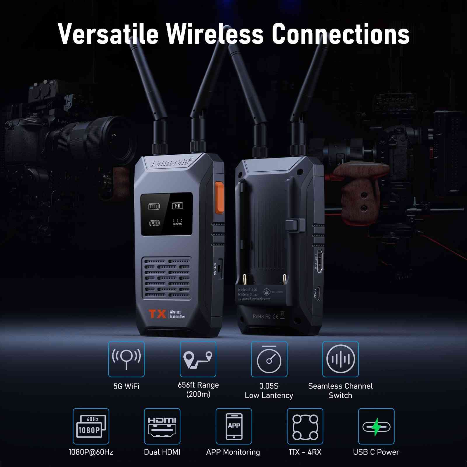 جهاز موسع فيديو لاسلكي (Wireless Video Extender) من شركة Lemorele. وظيفته الأساسية هي نقل إشارة الـ HDMI (الصوت والصورة) لاسلكياً من جهاز إرسال إلى جهاز استقبال دون الحاجة لتمديد كابلات طويلة ومزعجة.
​إليك أبرز مواصفات ومحتويات هذا الجهاز بناءً على الصورة:
​💡 المواصفات الرئيسية
​المدى (Range): يصل إلى 200 متر في خط رؤية مباشر ومفتوح (بدون حواجز خرسانية سميكة).
​الدقة (Resolution): يدعم جودة 1080p بمعدل 60 إطاراً في الثانية (60Hz)، وهي ممتازة للبث المباشر، كاميرات التصوير، أو ربط الشاشات وأجهزة العرض (Projectors).
​التردد (Wi-Fi): يعمل على ترددي 2.4GHz و 5GHz لضمان استقرار الإشارة وتقليل التشويش.
​زمن الانتقال (Latency): منخفض جداً يصل إلى 50 ملي ثانية (50ms)، مما يقلل التأخير الملاحظ بين الصوت والصورة.
​📦 محتويات العلبة الظاهرة
​جهاز الإرسال (TX - Transmitter): يتم توصيله بمصدر الصورة (مثل كاميرا، لابتوب، جهاز استقبال ستلايت، أو بجهاز الـ DVR الخاص بكاميرات المراقبة).
​جهاز الاستقبال (RX - Receiver): يتم توصيله بالشاشة المخرجة أو جهاز العرض.
​هوائيات (Antennas): عدد 4 هوائيات قابلة للفك والتركيب لتقوية التقاط وبث الإشارة اللاسلكية.
​كابلات طاقة: كابلات USB لتغذية الأجهزة بالطاقة.
​برغي تثبيت (Cold Shoe Mount): مخصص لتثبيت جهاز الإرسال فوق الكاميرات الاحترافية أو الحوامل (Tripods).
​دليل المستخدم: كتيب صغير لشرح خطوات التشغيل والاقتران.
​🛠️ استخداماته الشائعة
​أنظمة المراقبة: نقل إشارة الـ DVR/NVR إلى شاشة عرض في غرفة أخرى دون الحاجة لتمديد كابلات عبر الجدران والأسقف.
​التصوير والإنتاج المباشر: يتيح للمخرج أو العميل مراقبة لقطات الكاميرا لاسلكياً عن بُعد أثناء التصوير.
​المؤتمرات وقاعات الاجتماعات: ربط اللابتوب بجهاز العرض (البروجكتر) بسلاسة دون التقيد بمكان الكابل.
​إذا كنت تخطط لاستخدامه في مكان يحتوي على جدران خرسانية كثيرة، ضع في الحسبان أن المدى الفعلي (200 متر) قد يقل تبعاً لسمك الحواجز وعوازل الصوت.

السعر 100
متوفر توصيل جميع المحافظات


**إذا كنت صاحب هذا الإعلان وتريد حذفه لأي سبب، رجاءا أرسل رسالة إلى الدعم الفني**