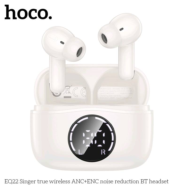 سماعة الأذن اللاسلكية Hoco EQ22 Singer هي سماعة بلوتوث 5.4 تتميز بخاصية إلغاء الضوضاء النشط (ANC) والمحسن (ENC) للمكالمات الواضحة. توفر تجربة صوتية عالية الجودة مع صوت محيطي وجهير قوي، وهي مصممة لتكون مريحة وخفيفة الوزن للاستخدام اليومي. 
المواصفات والميزات الرئيسية
تأتي سماعات الأذن اللاسلكية Hoco EQ22 بمجموعة من الميزات المتقدمة وفقًا لموقع hocotech.com ومراجعات المستخدمين: 
تقنية إلغاء الضوضاء: تدعم كلاً من ميزات ANC (إلغاء الضوضاء النشط) و ENC (إلغاء الضوضاء البيئي)، مما يوفر عزلاً عميقًا للضوضاء لتجربة استماع واضحة ومكالمات هاتفية نقية.
الاتصال: تستخدم شريحة بلوتوث 5.4 (JL AC7003) لاتصال سريع ومستقر. كما تدعم ميزة الاتصال بجهازين في نفس الوقت (one-to-two connection).
البطارية وعمر الاستخدام:
سعة بطارية كل سماعة أذن هي 40 مللي أمبير، وعلبة الشحن بسعة 400 مللي أمبير.
توفر ما يصل إلى 7 ساعات من وقت التحدث/الموسيقى (6 ساعات مع تفعيل ANC).
يصل إجمالي وقت العمل مع علبة الشحن إلى 35 ساعة (بدون ANC).
التصميم والتحكم: تتميز بتصميم أنيق وعصري مع شاشة عرض LED رقمية لمستوى شحن البطارية على العلبة. وتأتي بتحكم باللمس للتحكم في التشغيل والمكالمات وتفعيل المساعد الصوتي (Siri).
الصوت: مزودة بوحدة ديناميكية بحجم 10 مم لتوفير صوت HiFi وجهير قوي.
المتانة: مقاومة للماء والعرق، مما يجعلها مناسبة للاستخدام أثناء التمارين الرياضية والأنشطة الخارجية. 