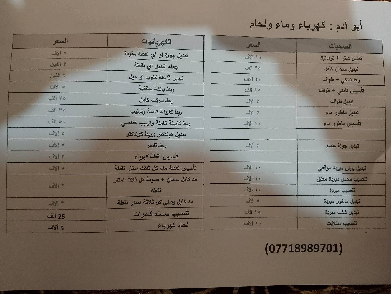 تاسيسات صحية و كهربائية و حدادة قص لحيم
