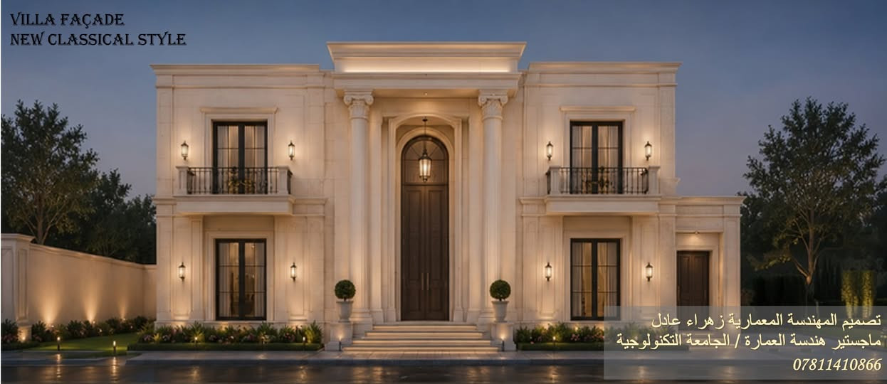 مشروع تصميم فيلا سكنية

في هذا المشروع تم تقديم مقترحين لتصميم الواجهة الرئيسية للفيلا، الأول بأسلوب الكلاسيك والثاني بأسلوب النيو كلاسيك، وبعد دراسة الخيارات تم اعتماد تصميم النيو كلاسيك لما يتميز به من توازن بين الفخامة والطابع العصري.

كما شمل المشروع تصميم المدخل ومنطقة الاستقبال الداخلية بما يحقق الانسجام بين الهوية المعمارية والفراغات الداخلية، مع اعتماد نظام التبريد المركزي ضمن التصميم لضمان الكفاءة والراحة وتحقيق أفضل استثمار للمساحات.

نؤمن أن التصميم الناجح يبدأ بفكرة مدروسة وينتهي بتفاصيل تُصنع بعناية.
"للاستفسار أو التعاون: راسلونا عبر الخاص."
أو الاتصال على الرقم ***********
"نحن معكم في كل خطوة… من الفكرة إلى الواقع."
"Architectural Design & Supervision by
Eng. Zahraa Adel | المهندسة المعمارية زهراء عادل"
العنوان : محافظة الديوانية
