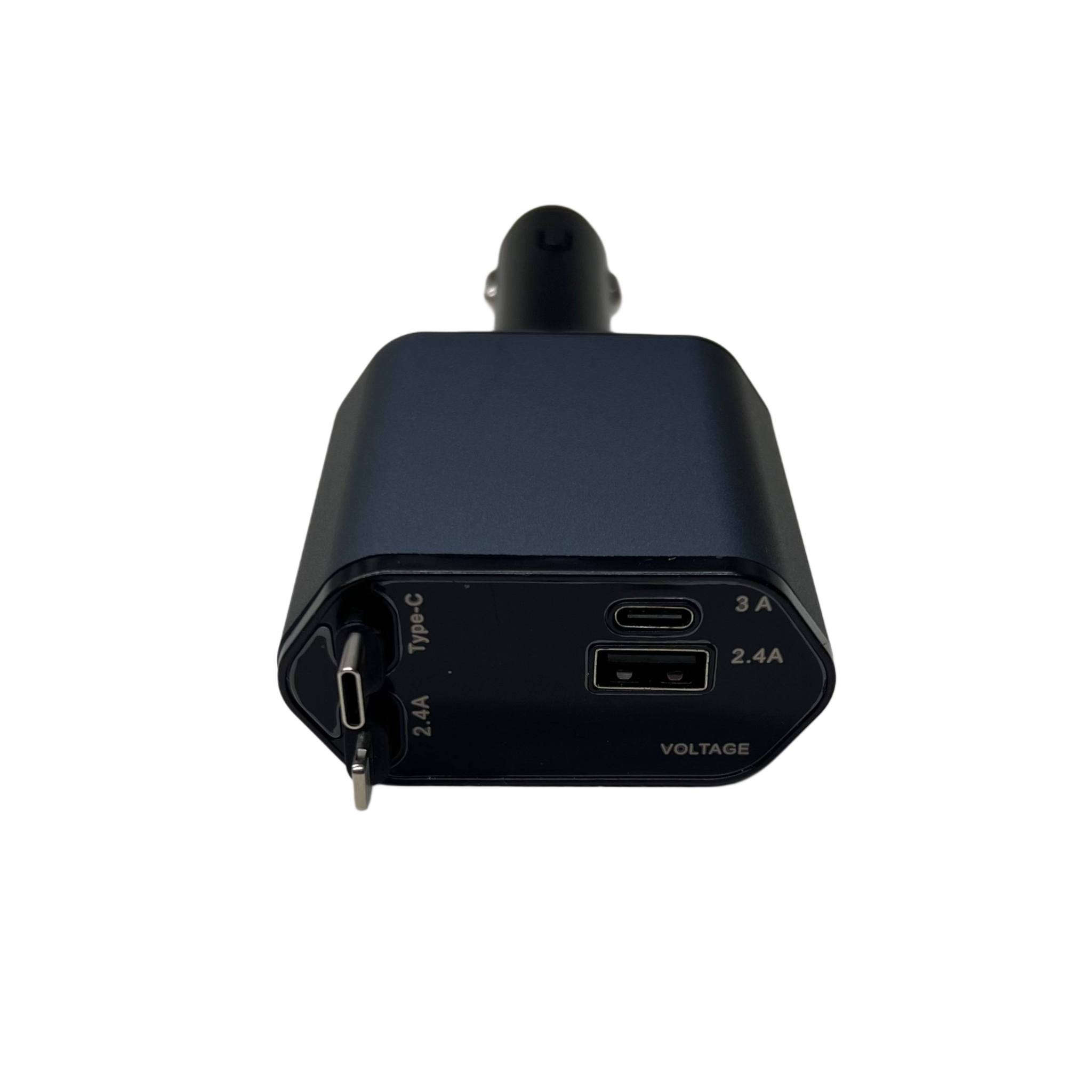 شاحن سيارة سريع 4 في 1 بكيبلات قابلة للسحب – قدرة حتى 120W
• شاحن سيارة عملي بتصميم ذكي 4 في 1 مزوّد بكيبلات قابلة للسحب، يتيح شحن عدة أجهزة بسهولة داخل السيارة مع تنظيم أفضل للأسلاك.

• 4 منافذ شحن في جهاز واحد
يدعم شحن عدة أجهزة بفضل وجود منافذ USB و Type-C بالإضافة إلى الكيبلات المدمجة.

• كيبلات شحن تلسكوبية قابلة للسحب
تصميم Retractable يساعد على تقليل الفوضى داخل السيارة مع إمكانية سحب وإرجاع الكيبل بسهولة.

• إمكانية شحن حتى 4 هواتف في نفس الوقت
مناسب للاستخدام العائلي أو أثناء السفر بفضل تعدد المنافذ والكيبلات.

• زاوية دوران حتى 180°
رأس الشاحن قابل للتعديل بحرية حتى 180 درجة لسهولة الاستخدام داخل منفذ السيارة.

• حماية مدمجة أثناء الشحن
مزود بحماية من التيار الزائد و الدوائر

 • النوع: شاحن سيارة 4 في 1
 • القدرة القصوى: 120W
 • طول الكيبل القابل للسحب: 800 مم
 • خرج iPhone: 5V / 2.4A
 • خرج USB: 5V / 2.4A
 • خرج Type-C: حتى 100W (Super Fast Charging)
 • خرج كيبل USB-C: 5V / 3A
 • الجهد المدخل: 12V – 24V
 • الأبعاد: 139 × 65 × 34.5 مم
 • المادة: ABS + PC
 • القدرة الاسمية: Max 120W


**إذا كنت صاحب هذا الإعلان وتريد حذفه لأي سبب، رجاءا أرسل رسالة إلى الدعم الفني**