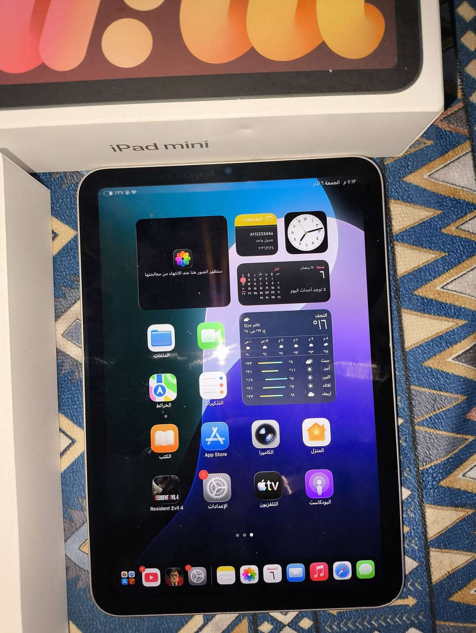 ايباد مني 7 معالج A17برو العملاق
ذاكرة 128.
بطارية 100/ مشحون 22 مرة. بعده داخل ضمان صارلي سبوع من اخذته
كامل ملحقات كارتون وشاحن. 
نظافة 100‎%‎100
السعر 650 وبي مجال بسيط. 
مكاني النجف. توصيل غير متوفر رقمي0788 059 5954
