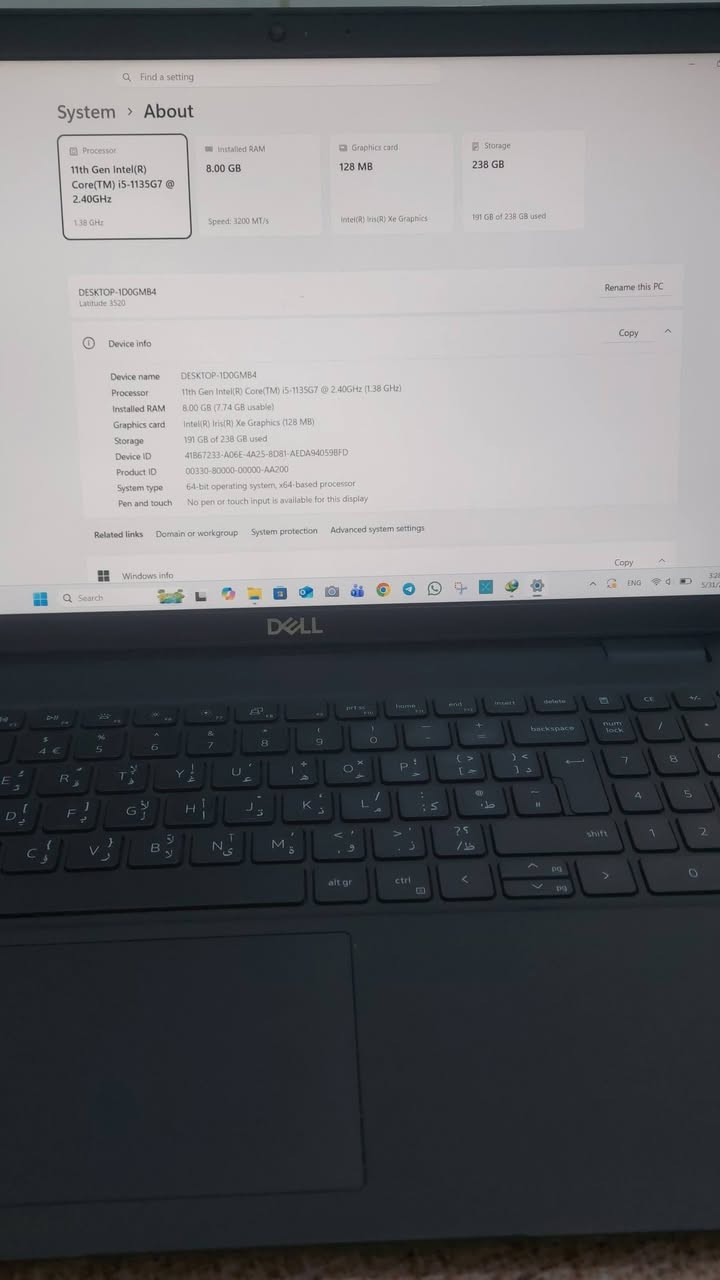السلام عليكم..
Dell Latitude 3520 للبيع فقط

بحالة نظيفة جداً ممتاز للدراسة، الأوفيس، التصفح، البرمجة، البحوث، يشغل برامج التصاميم الخفيفة والمتوسطة، مناسب لبعض الالعاب الخفيفة.
المواصفات:
 المعالج Intel Core i5 الجيل 11 فئة G7
الرام 8GB DDR4 (قابلة للتطوير حتى 32GB)
التخزين: 256GB SSD NVMe (قابل للتطوير) سريع جدا
كارت الشاشة:  Intel Iris Xe Graphics (مدمج)
بطارية تدوم لعمر #طويل 
 شاشة 15.6 إنش FHD
كيبورد ليزري ضوئي عربي / إنكليزي
 ويندوز 11 برو مفعل #أصلي
  نسبة النظافة 96–99٪
السعر 380 ألف،  بي مجال بسيط والملحقات(ماوس+ماوس باد+الشاحن الاصلي)


**إذا كنت صاحب هذا الإعلان وتريد حذفه لأي سبب، رجاءا أرسل رسالة إلى الدعم الفني**