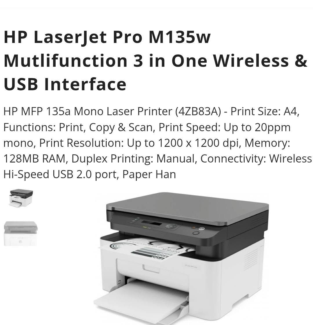 السلام عليكم

طابعة HP LASER 135W
أبيض وأسود فقط... 
Print
Scan
Copy
واي فاي ( الطباعة من التلفون والكمبيوتر دون وصلات) 

سرعة الطباعة 21 ورقة في الدقيقة..

 الحبر اللي فيها 80 ٪ بطبع فوق 2500  ورقه..

سعر حبرها جديد 5 دنانير...

مناسبة للطلاب و المكاتب والاستخدام الشخصي...

الطابعة بحال الوكالة...

موجوده في القويسمة _ أبو علندا... 

مطلوب فيها 50 دينار شامل التوصيل

التواصل واتس أب فقط 
0781440847...


**إذا كنت صاحب هذا الإعلان وتريد حذفه لأي سبب، رجاءا أرسل رسالة إلى الدعم الفني**