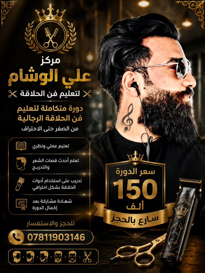 مركز 🛑.  علي الوشام  🛑 
 لتعليم فن الحلاقة ✂️

 دورة متكاملة لتعليم فن الحلاقة الرجالية من الصفر حتى الاحتراف
. تعليم عملي ونظري 
. تعلم أحدث قصات الشعر والتدريج 
. تدريب على استخدام أدوات الحلاقة بشكل احترافي
. شهادة مشاركة بعد إكمال الدورة
💰 سعر الدورة 150 ألف
📌 النجف الاشرف 💯 
( سارع بالحجز )

📞 ***********
