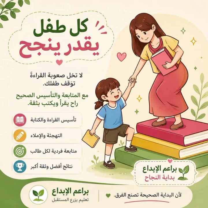 📚 براعم الإبداع للتدريس الخصوصي 🌱

📢 نوفّر مدرسات متخصصات لتدريس جميع مواد المرحلة الابتدائية

✨ تشمل المواد:
📖 اللغة العربية
📘 اللغة الإنجليزية
🌍 الاجتماعيات
🧪 العلوم
☪️ التربية الإسلامية
➗ الرياضيات
💻 الحاسوب (حسب المنهج)

✅ مدرسات مؤهلات وذوات خبرة عالية، مع أساليب تدريس متنوعة وفعّالة.
✅ شرح مبسط ومناسب لمستوى كل طالب.
✅ متابعة مستمرة وتعزيز مهارات القراءة والإملاء وحل الواجبات.
✅ اختبارات دورية لقياس مستوى التقدم وضمان أفضل النتائج.

📍 العنوان: بغداد الجديدة – النعيرية – مقابل مدرسة المارد العربي

📞 للاستفسار والتسجيل:
***********

🌟 براعم الإبداع... لأن التميز يبدأ بأساسٍ قوي.
