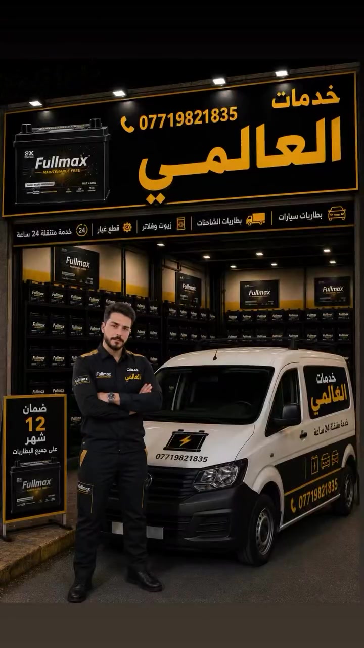 ⚡ خدمات العالمي ⚡
وين ما تعطل… نجيك 🚐

نوفر لكم بطاريات Fullmax الأصلية بجودة عالية وأداء يعتمد عليه، مع ضمان 12 شهر على جميع البطاريات.

✅ خدمة تبديل البطارية في موقعك
✅ خدمة متنقلة 24 ساعة
✅ بطاريات سيارات وشاحنات
✅ زيوت، فلاتر، وإطارات
✅ فحص البطارية والدينمو مجانًا

📍 خدمات العالمي
📞 ***********

ثقة وأمان… مو بس حچي لسان. 💛🖤
