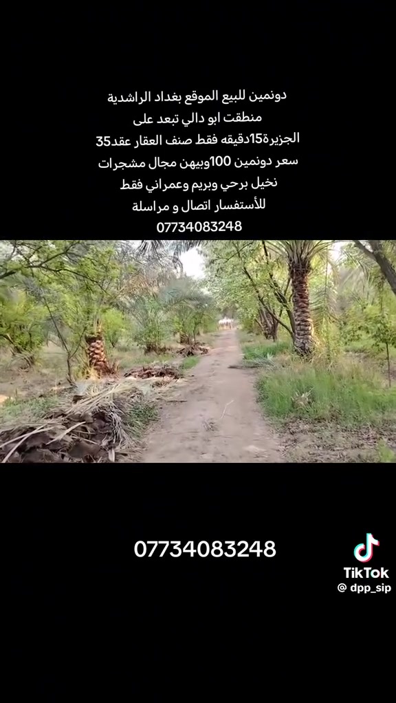 السلام عليكم #دونمين__للبيع المكان بغداد الراشدية منطقة أبو دالي

#نوع__العقار__عقد__35 والعقد مجدد الحد 2031

#دونمين بستان كلش حلووو ومشجره أنواع النخيل ونفاضيات

#الاتصال ***********

