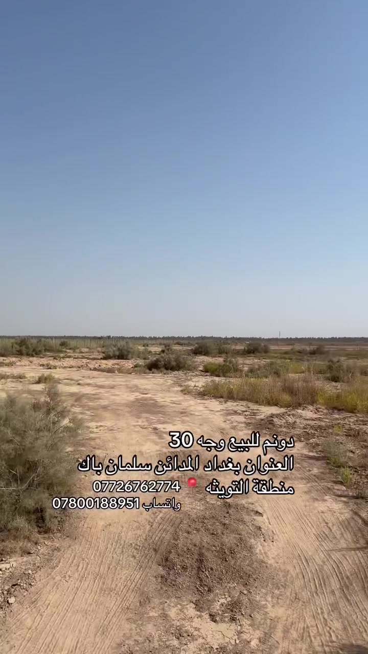 يا الله السلام عليكم دونم وجه 30 طابو ملك صرف سعر 145 بي مجال العنوان بغداد المدائن سلمان باك منطقه التويثه 
للاستفسار اكثر *********** واتساب ***********
