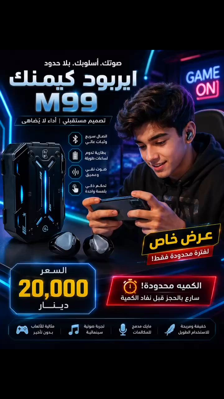 🔥 عرض خاص على سماعات AirPods M99 🔥

استمتع بصوت نقي وعزل ممتاز للضوضاء 🎧✨

✅ جودة صوت عالية
✅ بطارية تدوم لفترة طويلة
✅ تصميم أنيق ومريح
✅ مناسبة للألعاب والمكالمات وسماع الموسيقى
✅ توصيل لجميع المحافظات والدفع عند الاستلام

💥 السعر فقط 20 ألف دينار 💥

الكمية محدودة جداً ⏳
للحجز والاستفسار راسل الصفحة الآن 📩
(***********)✅🔥
