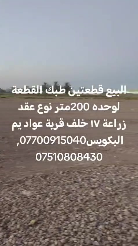 البيع قطعتين طبك الوحده 200 متر نوع عقد زراعي عل ١١٧ خلف قريه عواد يم الكويس ***********، *********** @إشارة
