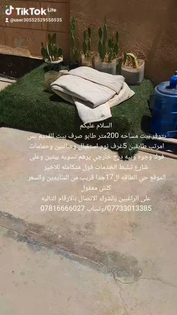 السلام عليكم
يتوفر بيت مساحه 200متر طابو صرف بيت قديم بس امرتب طابقين 5غرف نوم استقبال وصالتين وحمامات فوك وجوه وبيه درج خارجي يرهم تسويه بيتين وعلى شارع تبليط الخدمات فول متكامله للاخير
الموقع حي الطاقه ال17جدا قريب من السايدين والسعر كلش معقول
على الراغبين بالشراء الاتصال بالارقام التاليه
***********/وتساب ***********
