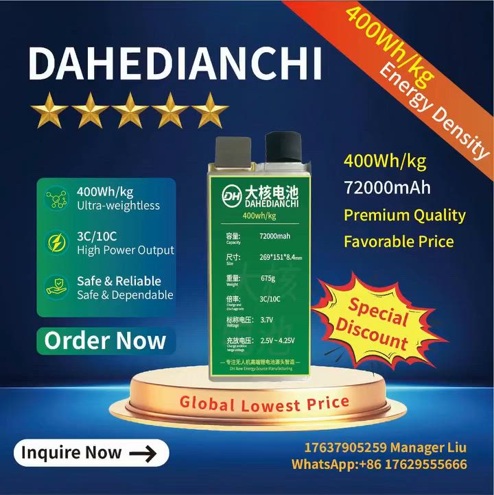 Dahe drone lithium battery with 400Wh/kg high energy density, complete capacity range, 3C/10C stable high power output, factory direct bulk supply
#DroneBattery #UAVLipo #HighEnergyDensity #FactoryDirectSupply


**إذا كنت صاحب هذا الإعلان وتريد حذفه لأي سبب، رجاءا أرسل رسالة إلى الدعم الفني**