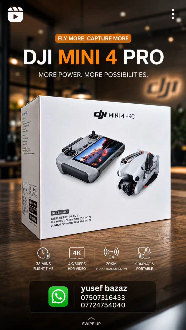 🚁 DJI Mini 4 Pro Fly More Combo (DJI RC 2)
ئەم دڕۆنە یەکێکە لە باشترین دڕۆنە سووکەکانی DJI، گونجاوە بۆ فیلمسازی، وێنەگرتن و بەکارهێنانی ڕۆژانە.
✨ تایبەتمەندییە سەرەکییەکان:
📸 کامێرای 48MP
🎥 ڤیدیۆی 4K/60fps HDR
🌙 Night Mode بۆ فیلمکردنی شەو
🔄 True Vertical Shooting بۆ TikTok، Instagram Reels و Shorts
🛡️ سیستەمی پاراستنی تەواوی لە هەموو ئاراستەکان (Omnidirectional Obstacle Sensing)
🎯 ActiveTrack 360° بۆ شوێنکەوتنی ئۆتۆماتیکی
📡 گەیشتنی وێنە بە O4 Transmission تا نزیکەی 20km (لە دۆخی ئاسایی)
⏱️ کاتی فڕین تا 38 خولەک بۆ هەر باترییەک
🌬️ بەرگری لە بای تا 10.7 m/s (Level 5)
⚖️ کێشی تەنها 249 گرام (سووک و هەڵگرتنی ئاسان)
📦 لە Fly More Combo (DJI RC 2) چی هەیە؟
✅ DJI Mini 4 Pro
✅ DJI RC 2 کۆنتڕۆڵەر (شاشەی هەیە)
✅ 3 باتری
✅ Charging Hub
✅ 3 جووت پڕۆپێلەر
✅ Bag
✅ USB-C Cable و هەموو پێداویستییە بنەڕەتییەکان
👌 گونجاوە بۆ:
فیلمسازی
ڤلۆگ
TikTok و Reels
گەشتیاری
شوێنی پرۆژە و ئیعلان
📲 WhatsApp Yusef Bazaz *********** ***********
