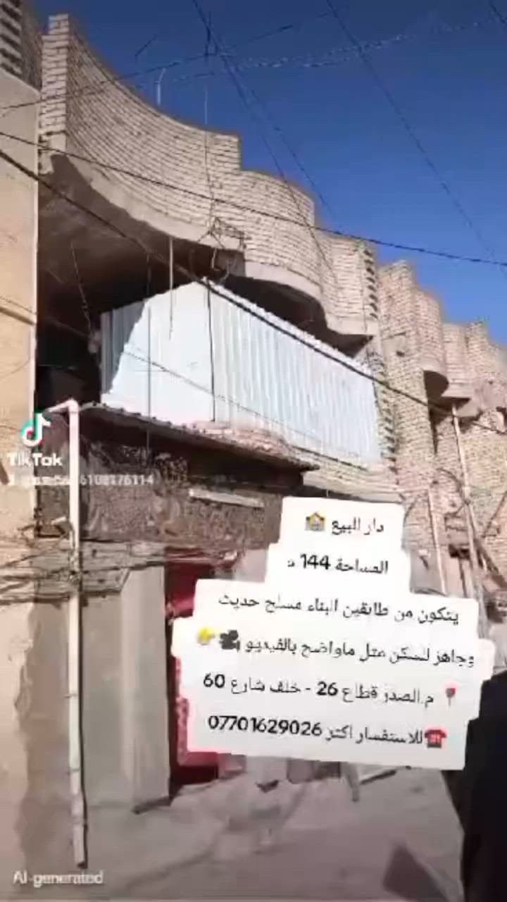 🏠دار للبيع 144 م 
🏗️طابقين مسلح بناء حديث 
🎥وجاهز للسكن مثل ماواضح بالفيديو
📍مدينة الصدر قطاع 26 خلف شارع 60 تجاري 
📞 للاستفسار ***********
