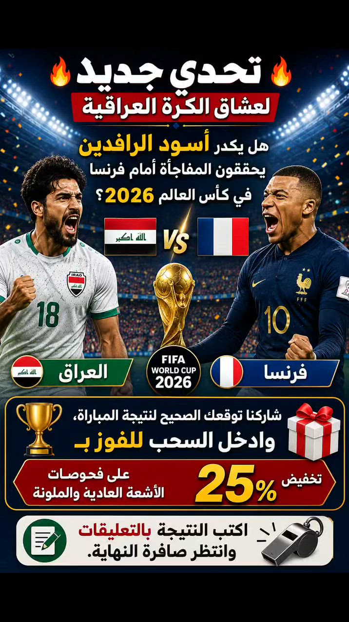 هل يكدر أسود الرافدين يحققون المفاجأة أمام فرنسا في كأس العالم 2026؟ 🇮🇶💪🇫🇷

شاركنا توقعك الصحيح لنتيجة المباراة، وادخل السحب للفوز بـ (( تخفيض ٢٥ ٪ على فحوصات الأشعة العادية و الملونه )) 
✍️ اكتب النتيجة بالتعليقات وانتظر صافرة النهاية.

#العراق #فرنسا #كأس#كأس_العالم  #بغداد #تخفيض #الاشعة


**إذا كنت صاحب هذا الإعلان وتريد حذفه لأي سبب، رجاءا أرسل رسالة إلى الدعم الفني**