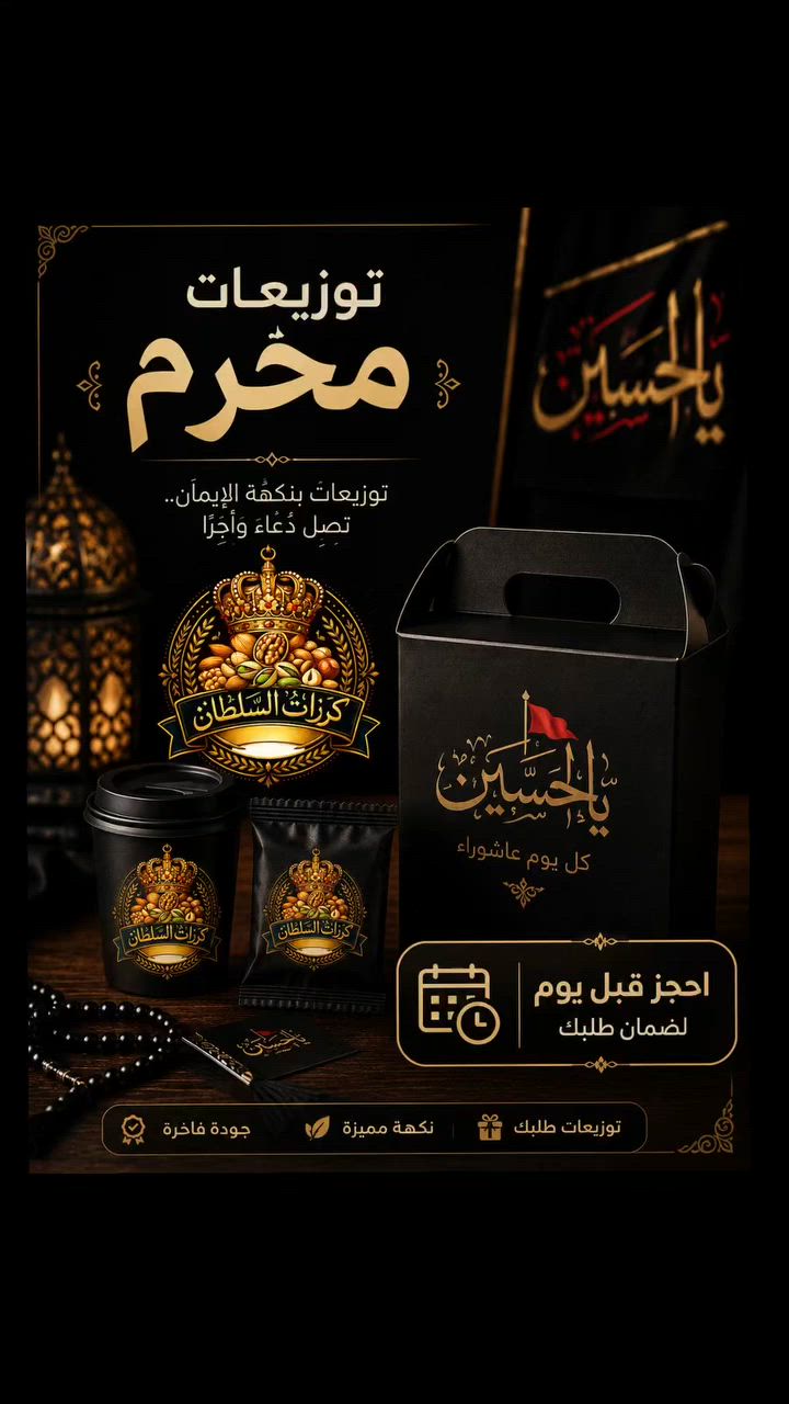 🖤 عظم الله أجورنا وأجوركم بذكرى استشهاد الإمام الحسين (عليه السلام) 🖤
تتوفر لدينا توزيعات محرم بأشكال مميزة وأنيقة تناسب المجالس والمواكب الحسينية.
📌 احجز قبل يوم لضمان طلبك 📍 كرزات السلطان 🚚 خدمة توصيل متوفرة
نسأل الله القبول وقضاء الحوائج بحق الحسين (عليه السلام). 🏴✨
#عظم_الله_أجوركم #محرم #توزيعات_محرم #ياحسين #كرزات_السلطان عاشوراء


**إذا كنت صاحب هذا الإعلان وتريد حذفه لأي سبب، رجاءا أرسل رسالة إلى الدعم الفني**