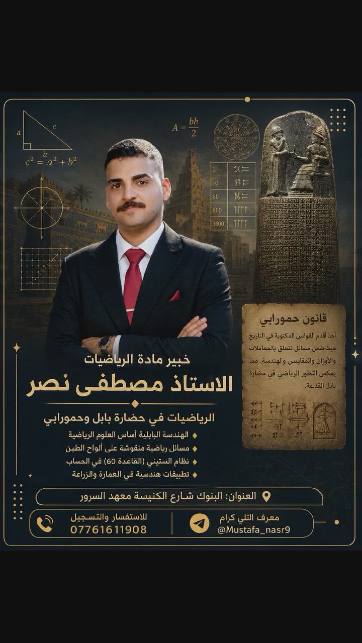 ♦️كل أب وأم يتمنون يشوفون أولادهم واثقين من نفسهم، ناجحين بدراستهم، ومقبلين على مستقبلهم بثبات...

ومن هنا تبدأ رحلتنا مع الطالب. 
أمانة برقابنا أولادكم، وهدفنا مو بس درجات عالية، هدفنا نفهم الطالب ونقوي أساسه ونخليه يحب الرياضيات ويكسر حاجز الخوف منها.
إذا تريد ابنك أو بنتك يدرسون بمكان يهتم بمستواهم العلمي والنفسي بنفس الوقت، فأهلاً وسهلاً بيكم.
الأستاذ مصطفى نصر خبير مادة الرياضيات للمراحل المتوسطة و الإعدادية 📚✏️"
وإذا تريدها أقوى شوي وتشد الانتباه من أول ثانية: 
"هسه اسأل ابنك: تحب الرياضيات لو تخاف منها؟
إذا كال أخاف منها... فالمشكلة مو بالطالب، المشكلة بالطريقة 

#رياضيات #دروس_خصوصية #زيونة #البنوك #الأستاذ_مصطفى_نصر
#طلاب_العراق سادس_علمي #ثالث_متوسط بغداد وزاري


**إذا كنت صاحب هذا الإعلان وتريد حذفه لأي سبب، رجاءا أرسل رسالة إلى الدعم الفني**