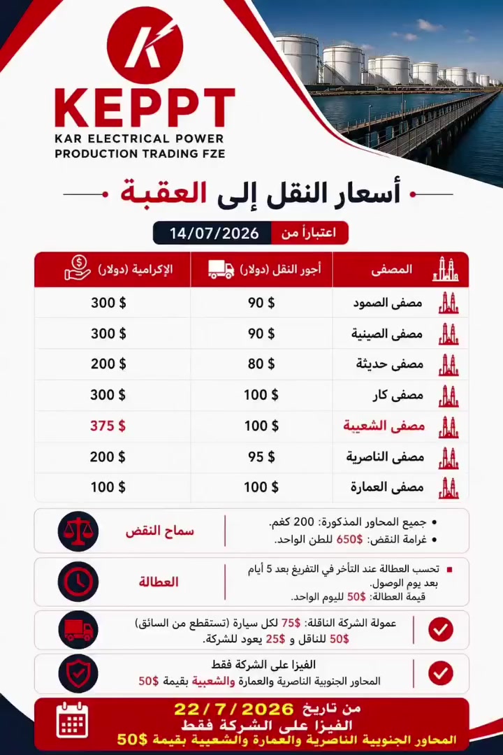 شركة كار كبت البصرة محور الشعيبة الى الأردن العقبة لنقل النفط الاسود تحميل مباشر وتفريغ عند الوصول للاستفسار الاتصال على الرقم  ***********
