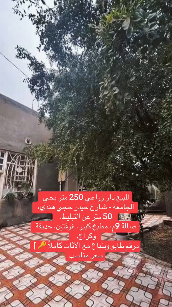 🏡 للبيع دار زراعي مرقم طابو رسمي ✅  
📍 الموقع: حي الجامعة - شارع حيدر حجي هندي  
📐 المساحة: 250 م²  
⭐ المميزات: موقع مميز جداً - يبعد 50 متر فقط عن التبليط 🛣️
🏠 تفاصيل الدار:
•  الطابق الأرضي: صالة واسعة 9 متر 🛋️ + مطبخ كبير 🍳 + استقبال ✨ + غرفة نوم 🛏️ + صحيات 🚿
•  الطابق الثاني: غرفة إضافية ⬆️
•  الملحقات: حديقة 🌳 + كراج سيارة كبير 🚗 
🎁 ملاحظة مهمة: البيع يشمل الأثاث كاملاً - الدار جاهز للسكن المباشر 
***********
