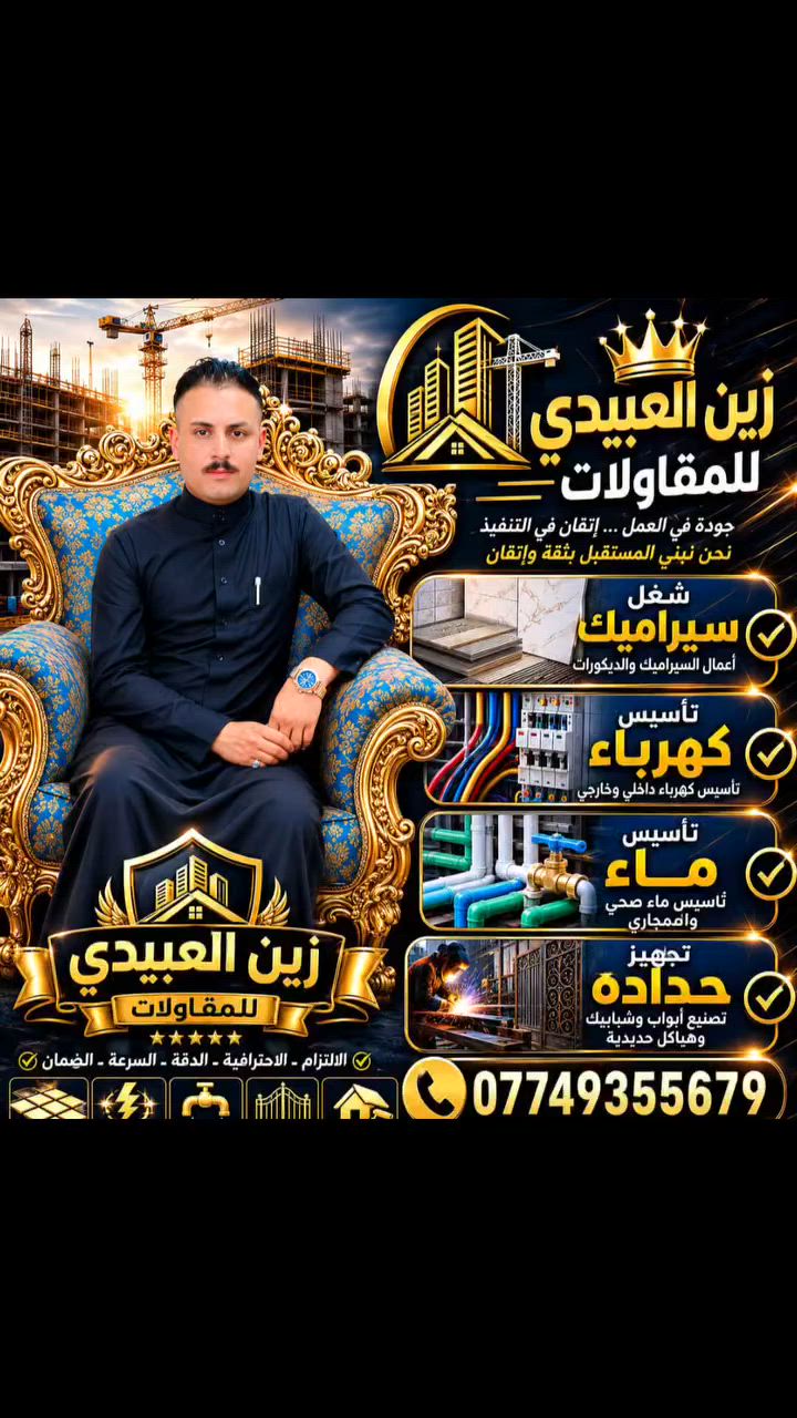 السلام عليكم ورحمه الله وبركاته  شغل مقاولات زين (العبيدي) 
التجهيز الخلفات والكوادر الجمالونات  الحسينيات  
 1 شغل سيراميك 
2 شغل تاسيس ماء 
3  حداده بيت
4  تاسيس الكهربائيات 
الاستفسار الاتصال عليه الرقم الاتي( ‏‪***********‬‏)
