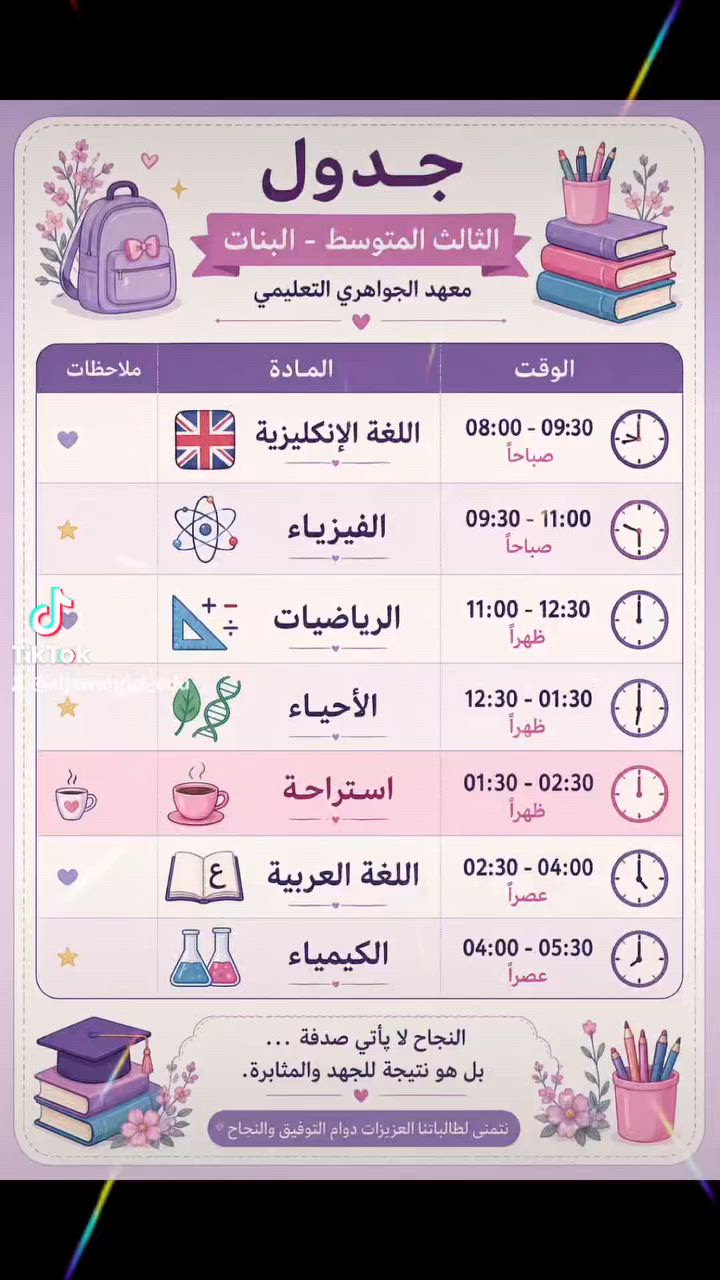 🎁 هدية مجانية من معهد الجواهري التعليمي 🎁

بمناسبة انطلاق الموسم الدراسي الجديد، يسرّنا أن نعلن لطلبتنا الأعزاء عن:

✨ أسبوع مجاني بالكامل ✨

📚 فرصة للتعرّف على الأساتذة وطريقة الشرح.
📚 حضور المحاضرات والاستفادة من الأجواء التعليمية.
📚 التسجيل متاح للبنين والبنات.

📍 معهد الجواهري التعليمي
💎 ابدأ عامك الدراسي بثقة وتميّز.

📞 للاستفسار والحجز:
***********

🌟 سجّل الآن واستفد من الأسبوع المجاني قبل انتهاء المقاعد المتاحة.
