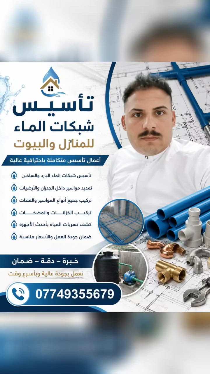السلام عليكم  ورحمه الله وبركاته
يوجد تاسيس  ماء والبيوت و الحسينية  باسعار ترضى الله 
الاستفسار الاتصال عليه الرقم الاتي ‏‪***********‬‏
