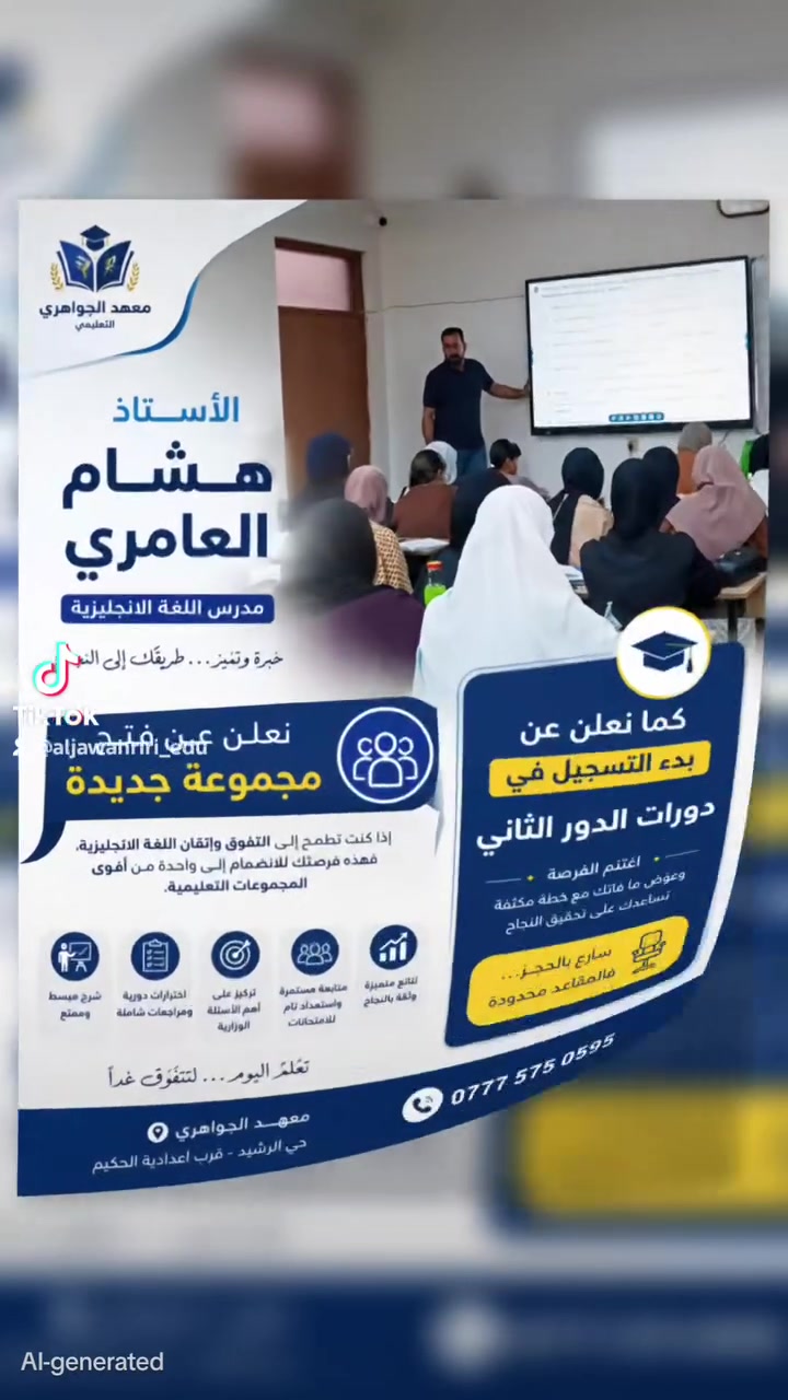 الأستاذ هشام العامري
مدرس اللغة الإنجليزية
الخبرة تصنع الفارق... والتميّز يصنع الأوائل.
📢 نعلن عن فتح مجموعة جديدة
🎓 والتسجيل مستمر في دورات الدور الثاني.
ابدأ رحلتك نحو التفوق مع شرح احترافي، متابعة مستمرة، واستعداد واثق للامتحانات.
سارع بالحجز... فالمقاعد محدودة.
📍 معهد الجواهري
📞 ***********
