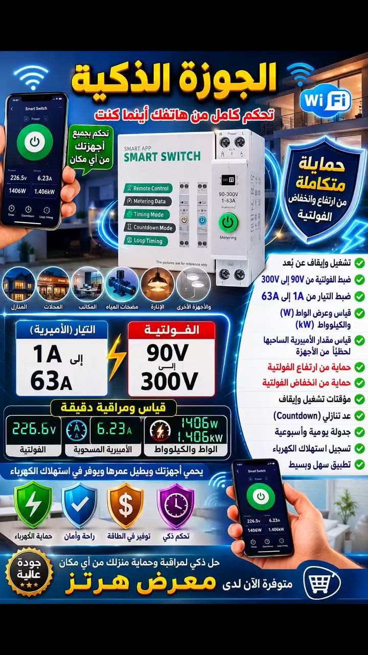 📱⚡ الجوزة الذكية Wi-Fi ⚡📱

تحكم كامل بأجهزتك الكهربائية من هاتفك أينما كنت، مع حماية ومراقبة متكاملة للشبكة الكهربائية.

✅ تشغيل وإيقاف عن بُعد عبر التطبيق
✅ حماية من ارتفاع الفولتية
✅ حماية من انخفاض الفولتية
✅ ضبط الفولتية من 90 فولت إلى 300 فولت
✅ ضبط التيار (الأمبيرية) من 1 أمبير إلى 63 أمبير
✅ قياس وعرض الواط (W) والكيلوواط (kW)
✅ قياس مقدار الأمبيرية المسحوبة لحظياً
✅ متابعة استهلاك الكهرباء بشكل دقيق
✅ مؤقت تشغيل وإيقاف
✅ عد تنازلي (Countdown)
✅ جدولة يومية وأسبوعية تلقائية

مناسبة للمنازل والمحلات والمكاتب ولحماية الإنارة والمكيفات والمضخات والسخانات وباقي الأجهزة الكهربائية.

💡 تحكم... راقب... واحمِ أجهزتك من أي مكان عبر هاتفك.

📍 متوفرة الآن لدى معرض هرتز
📞 للاستفسار والحجز تواصلوا معنا.
***********
#معرض_هرتز
